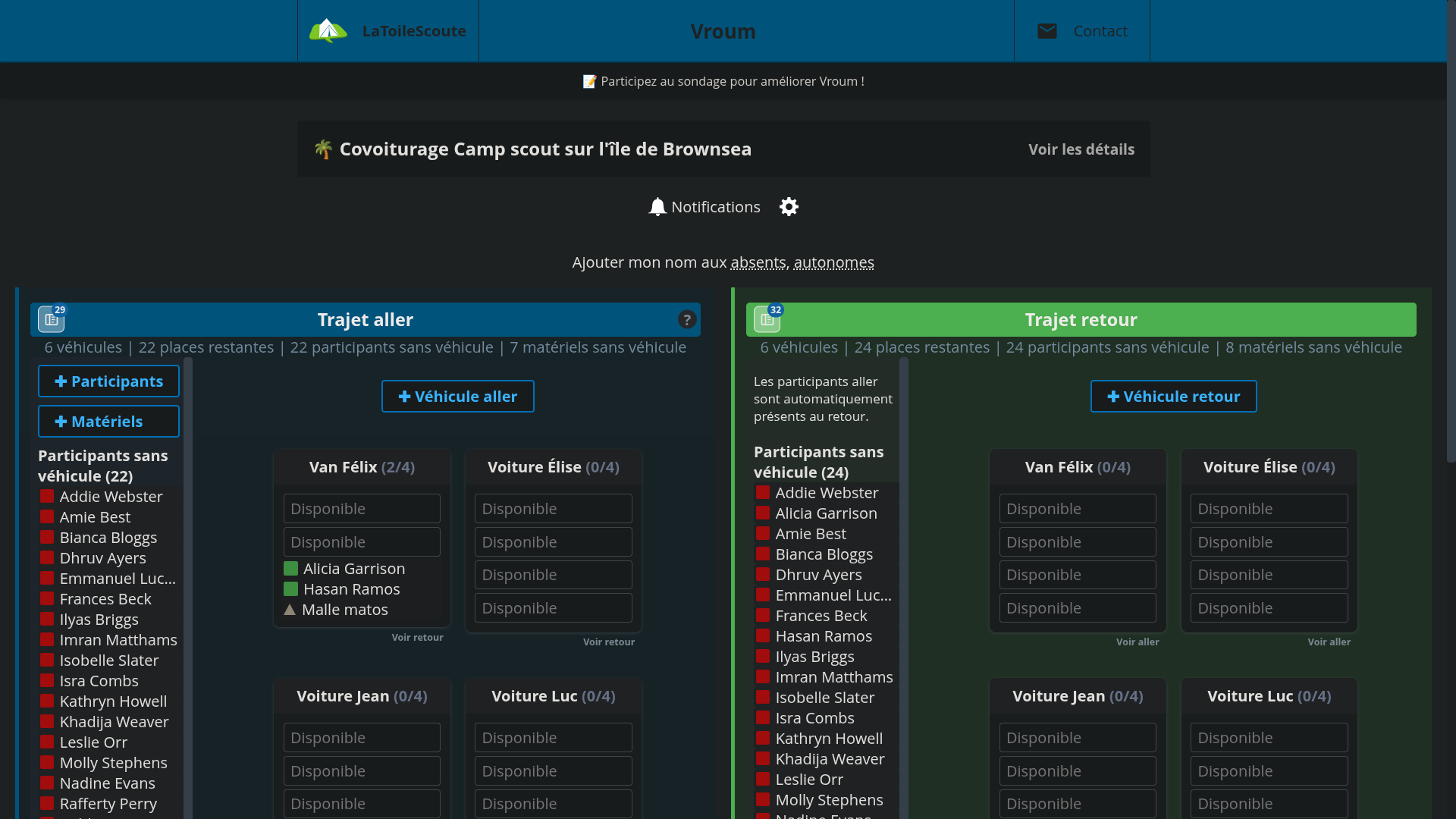 Interface de l’outil de covoiturage Vroum